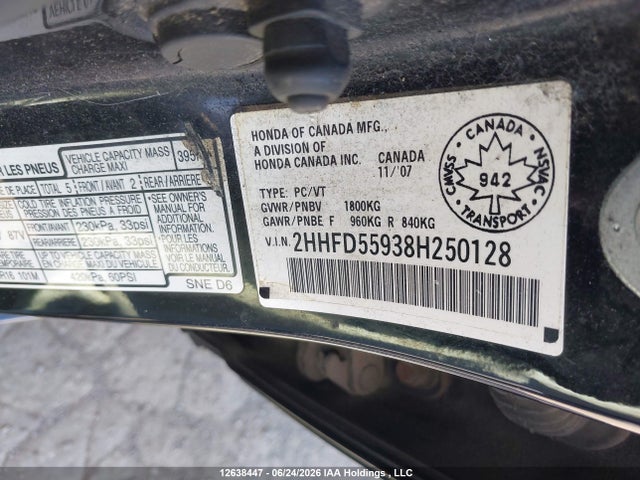 Aukcja sprzedaży 2008 Acura Csx Type S, vin: 2HHFD55938H250128, numer aukcji: 12638447
