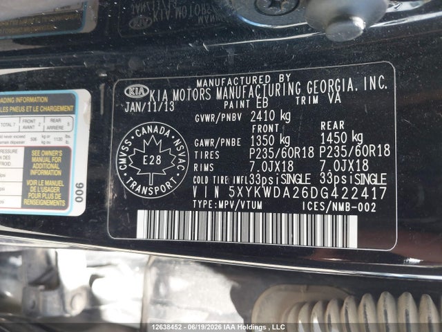 Auction sale of the 2013 Kia Sorento Sx, vin: 5XYKWDA26DG422417, lot number: 12638452