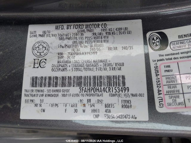 Aukcja sprzedaży 2012 Ford Fusion Se, vin: 3FAHP0HA4CR153499, numer aukcji: 12638453