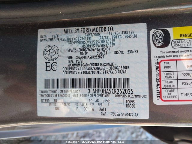 2012 Ford Fusion მანქანა იყიდება აუქციონზე, vin: 3FAHP0HA5CR252025, აუქციონის ნომერი: 12638457
