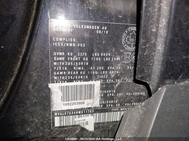 WVGLV7AX4HW511783 Volkswagen Tiguan Highline