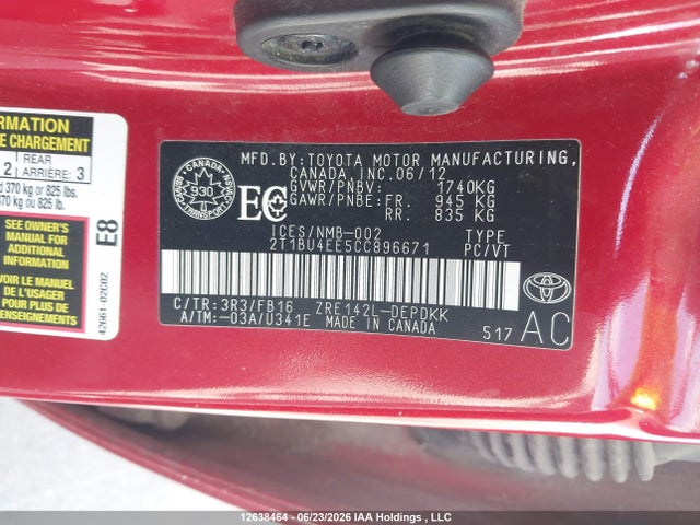 Aukcja sprzedaży 2012 Toyota Corolla, vin: 2T1BU4EE5CC896671, numer aukcji: 12638464