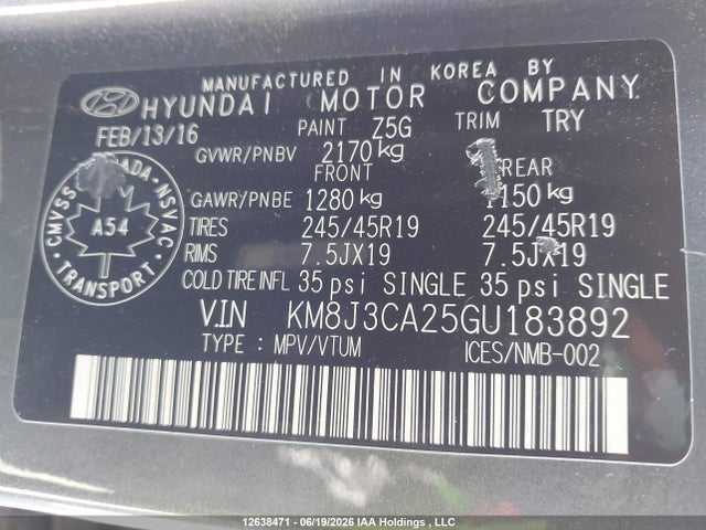 Aukcja sprzedaży 2016 Hyundai Tucson Limited/sport And Eco/se, vin: KM8J3CA25GU183892, numer aukcji: 12638471