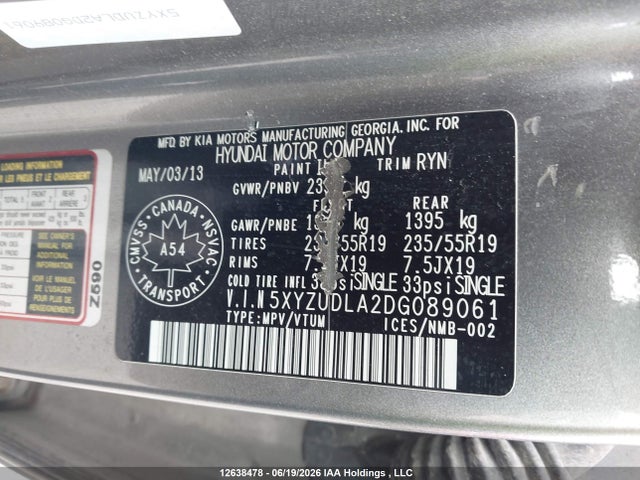 12638478 :رقم المزاد ، 5XYZUDLA2DG089061 vin ، 2013 Hyundai Santa Fe Sport مزاد بيع