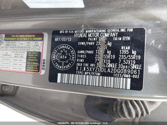 12638478 :رقم المزاد ، 5XYZUDLA2DG089061 vin ، 2013 Hyundai Santa Fe Sport مزاد بيع