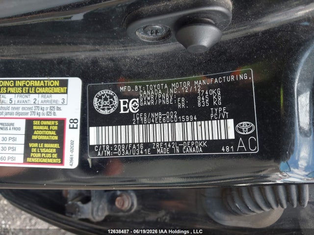 12638487 :رقم المزاد ، 2T1BU4EE6DC015994 vin ، 2013 Toyota Corolla S/le مزاد بيع