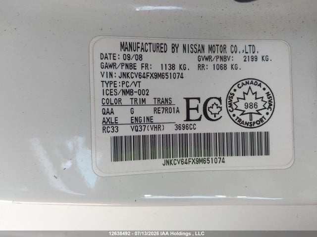 Aukcja sprzedaży 2009 Infiniti G37, vin: JNKCV64FX9M651074, numer aukcji: 12638492