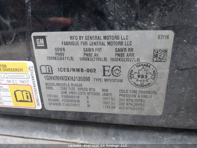 12638493 :رقم المزاد ، 1GNKRHKDXHJ126098 vin ، 2017 Chevrolet Traverse Lt مزاد بيع