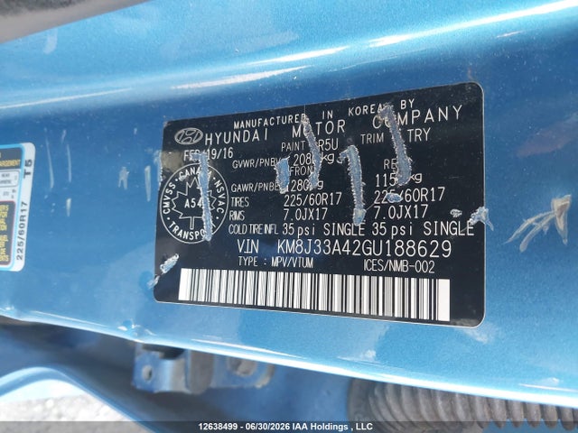 Aukcja sprzedaży 2016 Hyundai Tucson Premium, vin: KM8J33A42GU188629, numer aukcji: 12638499