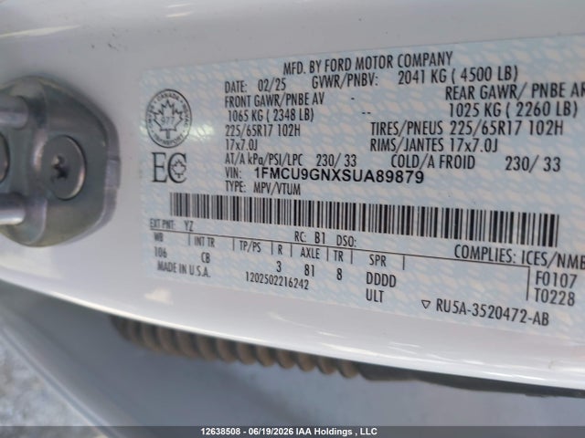 Продажа на аукционе авто 2025 Ford Escape Active, vin: 1FMCU9GNXSUA89879, номер лота: 12638508