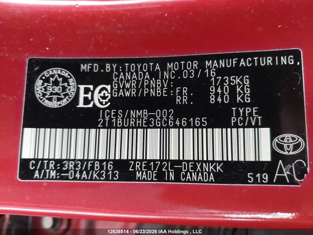 Toyota COROLLA LE 2016 2T1BURHE3GC646165 Image 9