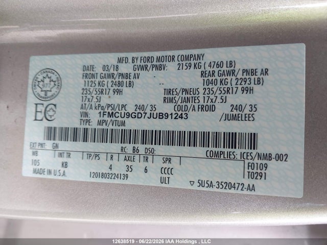 12638519 :رقم المزاد ، 1FMCU9GD7JUB91243 vin ، 2018 Ford Escape Se مزاد بيع