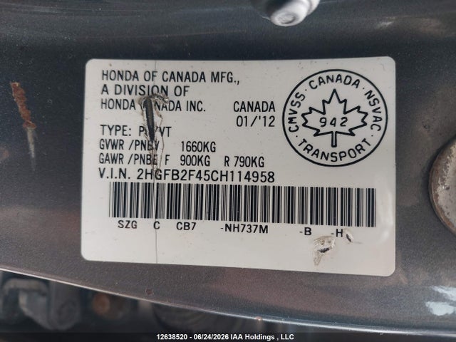 Aukcja sprzedaży 2012 Honda Civic Sdn, vin: 2HGFB2F45CH114958, numer aukcji: 12638520