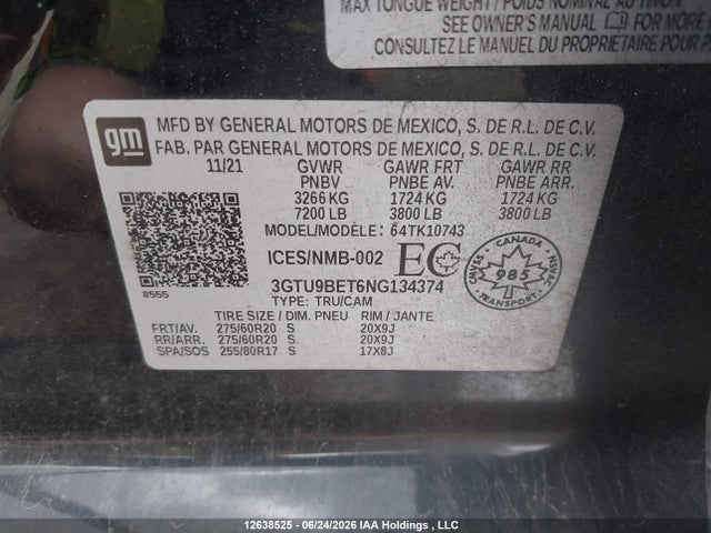 3GTU9BET6NG134374 GMC Sierra 1500 Limited Sle