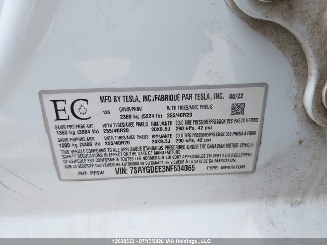 Aukcja sprzedaży 2022 Tesla Model Y, vin: 7SAYGDEE3NF534065, numer aukcji: 12638532
