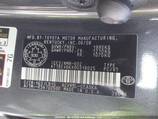 2009 Toyota Camry Se მანქანა იყიდება აუქციონზე, vin: 4T1BE46KX9U318025, აუქციონის ნომერი: 12638534