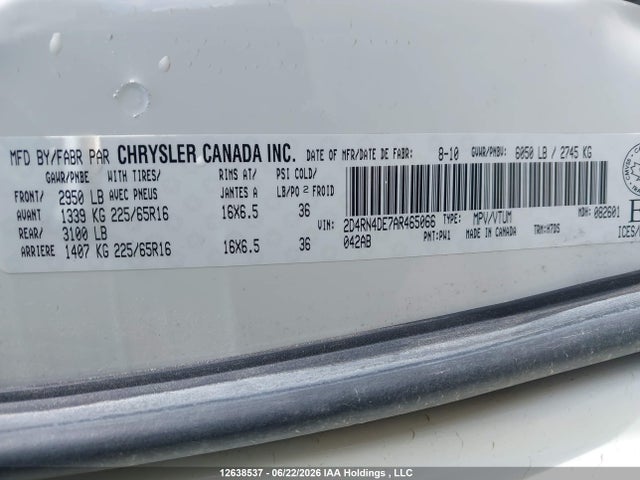 12638537 :رقم المزاد ، 2D4RN4DE7AR465066 vin ، 2010 Dodge Grand Caravan Se مزاد بيع