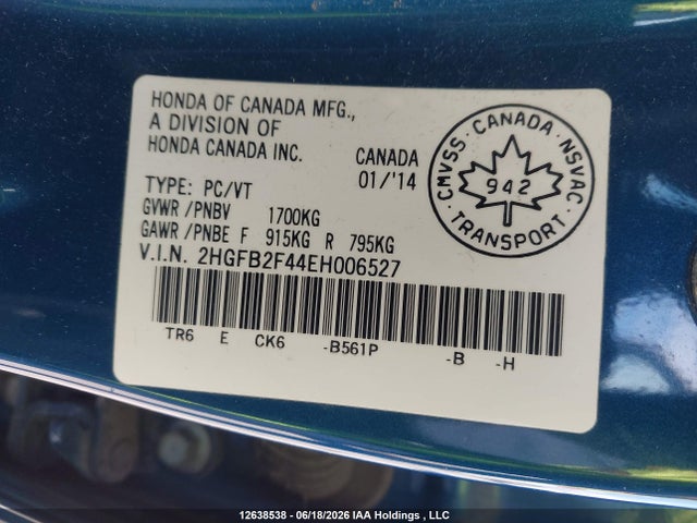 Aukcja sprzedaży 2014 Honda Civic Lx, vin: 2HGFB2F44EH006527, numer aukcji: 12638538