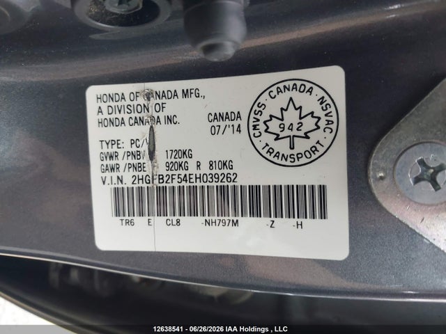 2014 Honda Civic Lx მანქანა იყიდება აუქციონზე, vin: 2HGFB2F54EH039262, აუქციონის ნომერი: 12638541