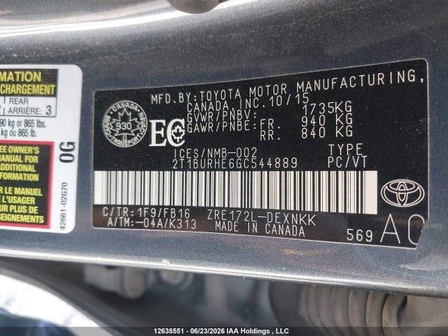 2016 Toyota Corolla L/le/le Pls/prm/s/s Pls მანქანა იყიდება აუქციონზე, vin: 2T1BURHE6GC544889, აუქციონის ნომერი: 12638551