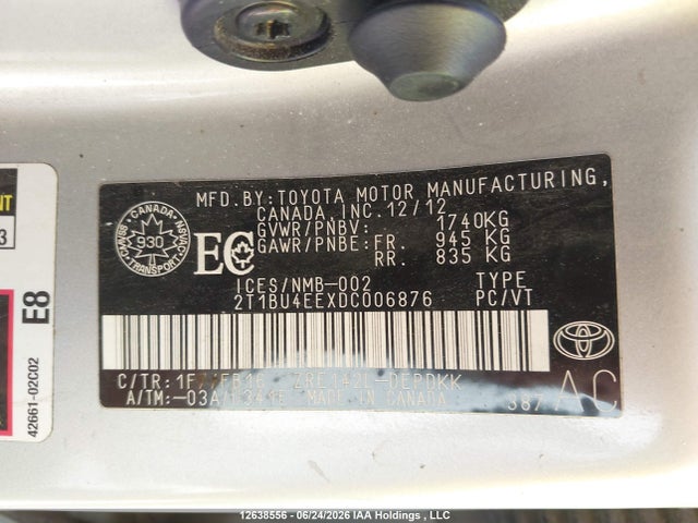 2013 Toyota Corolla S/le მანქანა იყიდება აუქციონზე, vin: 2T1BU4EEXDC006876, აუქციონის ნომერი: 12638556