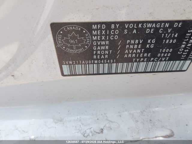 Продажа на аукционе авто 2015 Volkswagen Golf, vin: 3VW217AU0FM045491, номер лота: 12638557