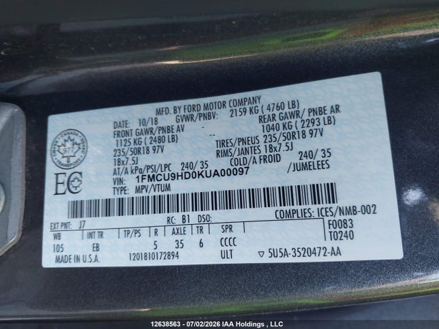 Ford ESCAPE SEL 2019 1FMCU9HD0KUA00097 Image 20