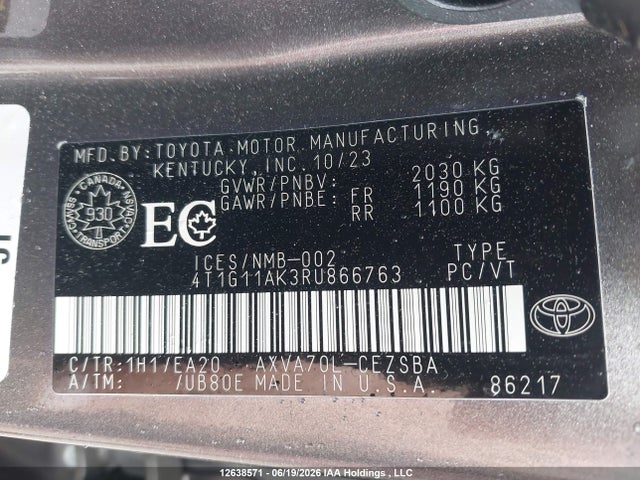 2024 Toyota Camry მანქანა იყიდება აუქციონზე, vin: 4T1G11AK3RU866763, აუქციონის ნომერი: 12638571