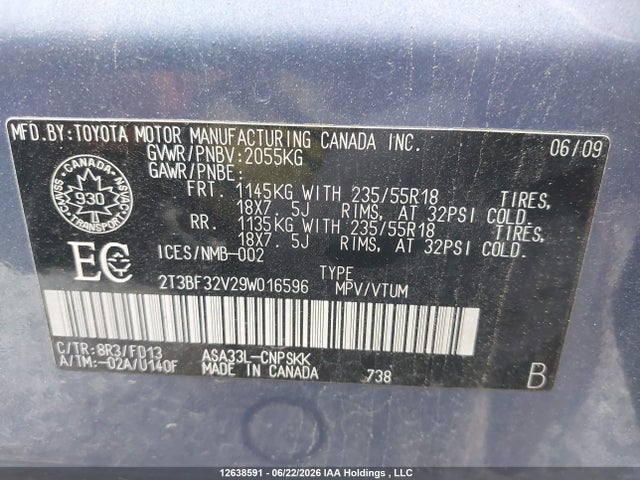 2009 Toyota Rav4 Sport მანქანა იყიდება აუქციონზე, vin: 2T3BF32V29W016596, აუქციონის ნომერი: 12638591