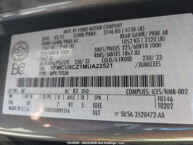 Aukcja sprzedaży 2021 Ford Escape Sel Hybrid, vin: 1FMCU9CZ1MUA22521, numer aukcji: 12638595