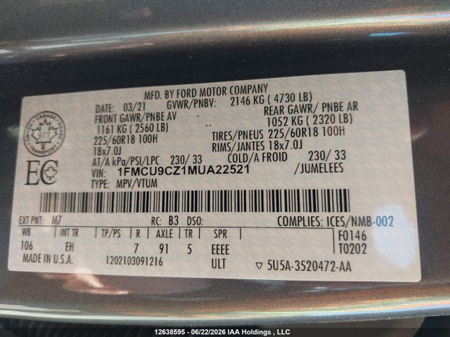 Aukcja sprzedaży 2021 Ford Escape Sel Hybrid, vin: 1FMCU9CZ1MUA22521, numer aukcji: 12638595