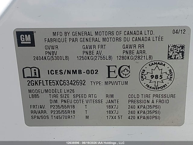 12638596 :رقم المزاد ، 2GKFLTE5XC6342692 vin ، 2012 Gmc Terrain Sle مزاد بيع
