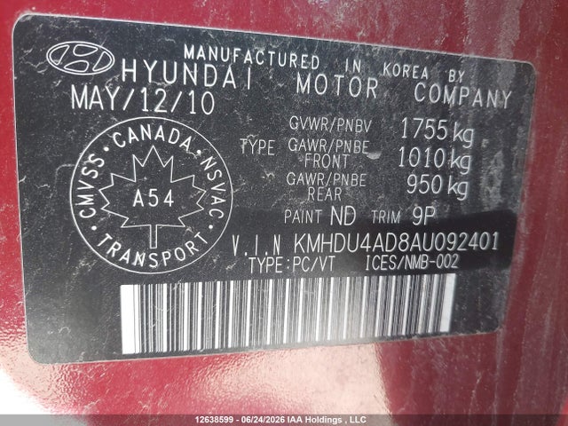 Aukcja sprzedaży 2010 Hyundai Elantra Gls, vin: KMHDU4AD8AU092401, numer aukcji: 12638599