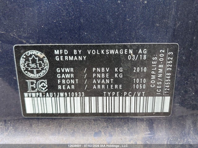 12638601 :رقم المزاد ، WVWPR7AU1JW910933 vin ، 2018 Volkswagen E-golf Sel Premium مزاد بيع