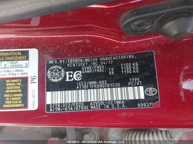 12638612 :رقم المزاد ، 4T1BF1FK0HU781530 vin ، 2017 Toyota Camry Le مزاد بيع