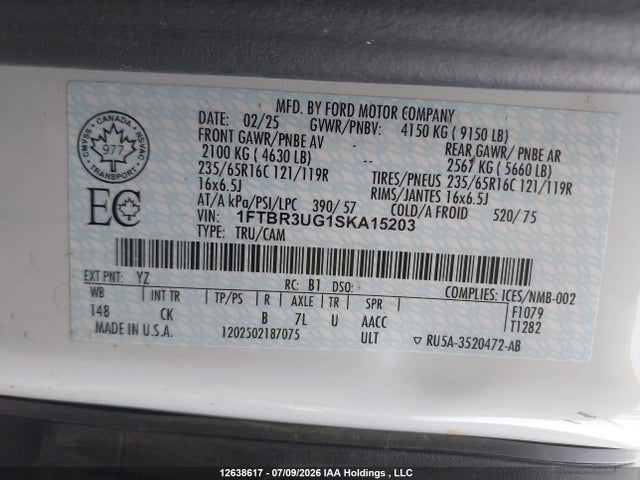 12638617 :رقم المزاد ، 1FTBR3UG1SKA15203 vin ، 2025 Ford Transit T-250 مزاد بيع
