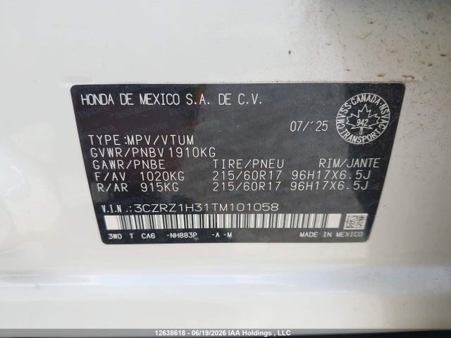 Продажа на аукционе авто 2026 Honda Hr-v Lx, vin: 3CZRZ1H31TM101058, номер лота: 12638618