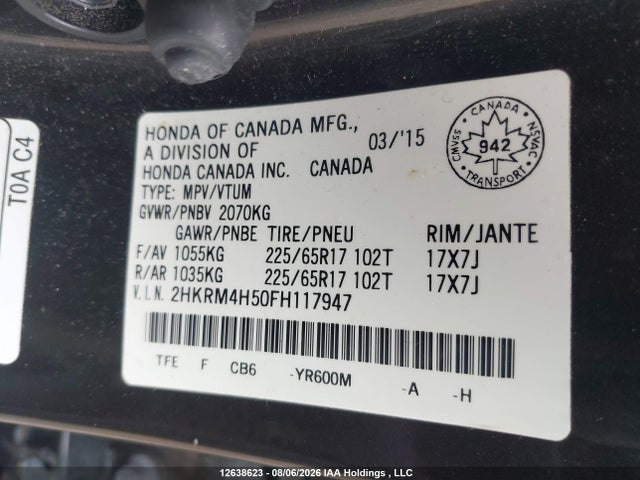 Продажа на аукционе авто 2015 Honda Cr-v Ex, vin: 2HKRM4H50FH117947, номер лота: 12638623