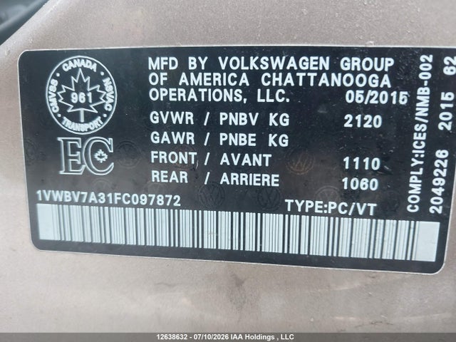 Продажа на аукционе авто 2015 Volkswagen Passat 2.0 Tdi Comfortline, vin: 1VWBV7A31FC097872, номер лота: 12638632