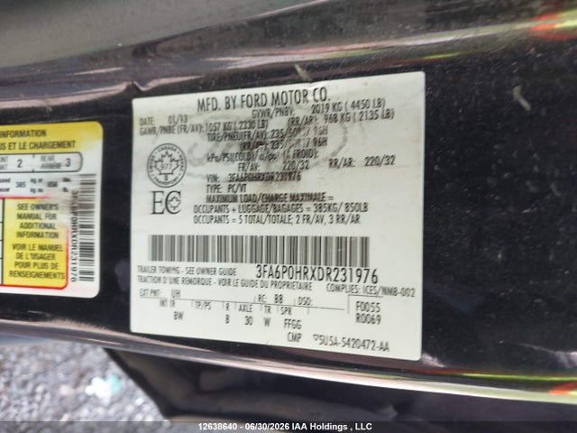 12638640 :رقم المزاد ، 3FA6P0HRXDR231976 vin ، 2013 Ford Fusion مزاد بيع