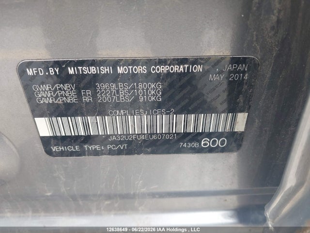 Aukcja sprzedaży 2014 Mitsubishi Lancer Es/es Sport, vin: JA32U2FU4EU607021, numer aukcji: 12638649