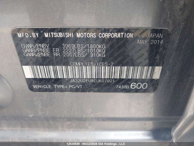 Aukcja sprzedaży 2014 Mitsubishi Lancer Es/es Sport, vin: JA32U2FU4EU607021, numer aukcji: 12638649