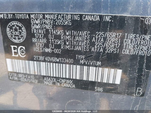2011 Toyota Rav4 მანქანა იყიდება აუქციონზე, vin: 2T3BF4DV6BW133400, აუქციონის ნომერი: 12638650