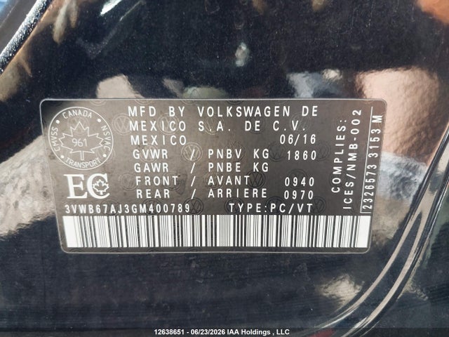 3VWB67AJ3GM400789 Volkswagen JETTA SE