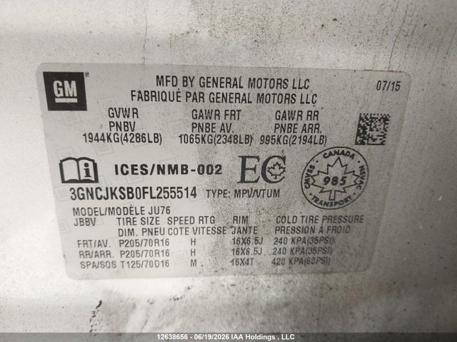 12638656 :رقم المزاد ، 3GNCJKSB0FL255514 vin ، 2015 Chevrolet Trax Ls مزاد بيع