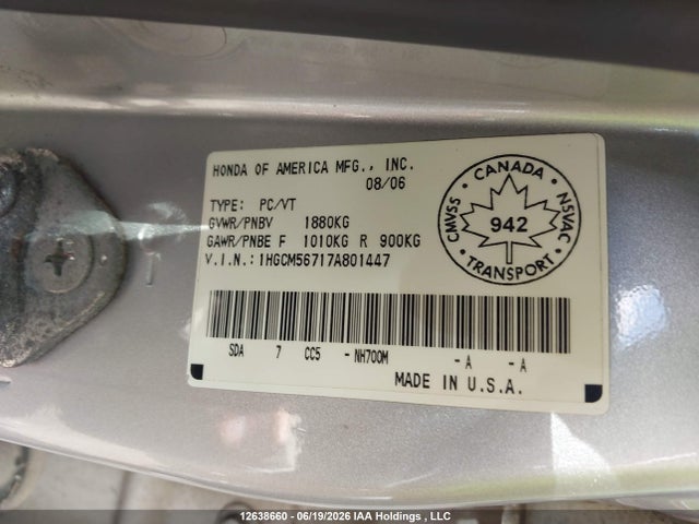 Продаж на аукціоні авто 2007 Honda Accord Ex-l/se, vin: 1HGCM56717A801447, номер лоту: 12638660