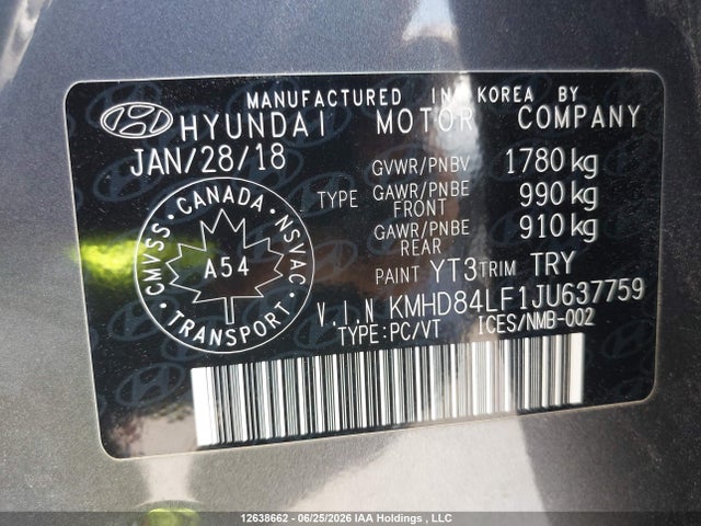 2018 Hyundai Elantra Gl მანქანა იყიდება აუქციონზე, vin: KMHD84LF1JU637759, აუქციონის ნომერი: 12638662