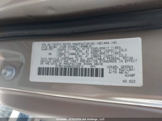 2004 Toyota Sequoia Sr5 მანქანა იყიდება აუქციონზე, vin: 5TDBT44A04S228013, აუქციონის ნომერი: 12638666