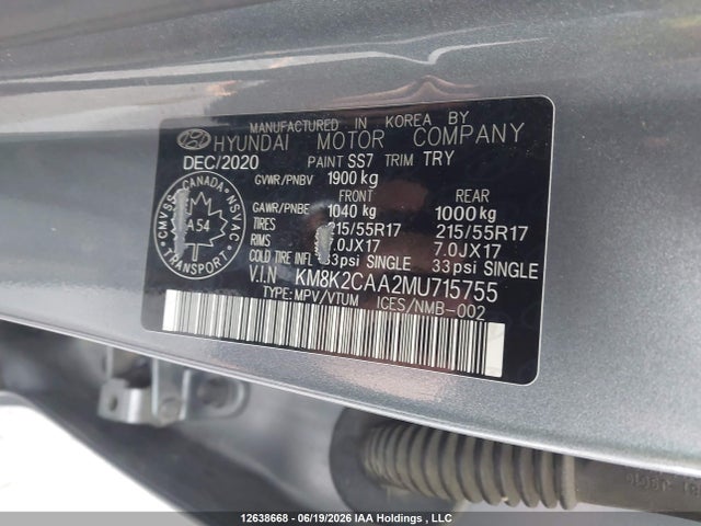 12638668 :رقم المزاد ، KM8K2CAA2MU715755 vin ، 2021 Hyundai Kona Sel مزاد بيع