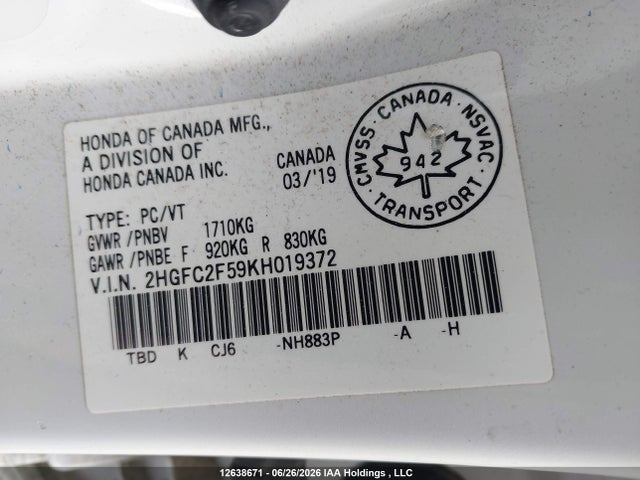 Продажа на аукционе авто 2019 Honda Civic Lx, vin: 2HGFC2F59KH019372, номер лота: 12638671